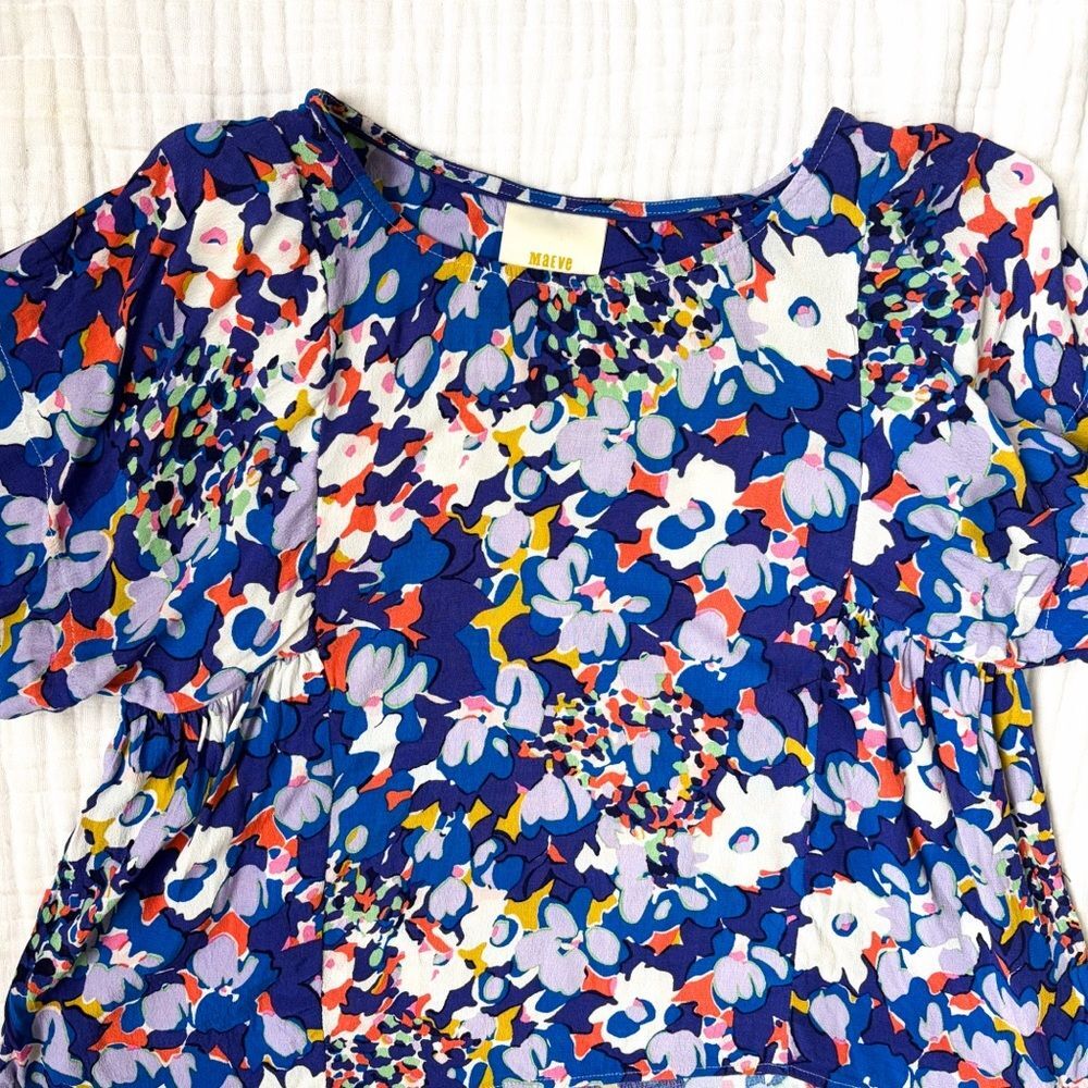 Anthro Maeve Milla Floral Swing Blouse Blue Viscose Oversized S